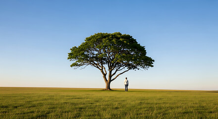 Obraz premium A lone individual finds a moment of serene contemplation standing next to a magnificent, vibrant green tree, its branches reaching towards a vast, clear blue sky above an expansive, golden-green field
