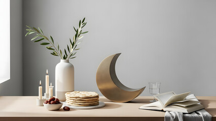 Ramadan table display with olive branch in vase, lit candles, dates, flatbread, open book and crescent moon decor, elegant iftaar setting, serene atmosphere, minimalist style
