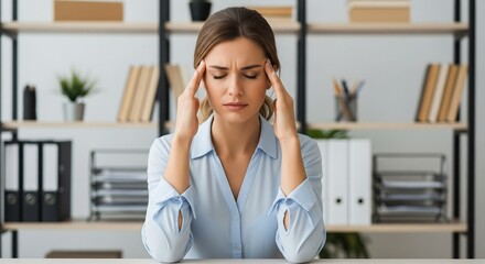 A stressed young businesswoman suffering from a severe headache or migraine in her office environment.