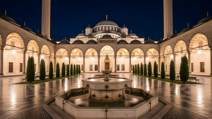 Grand mosque courtyard at night with illuminated architectural details and marble fountain reflecting lights under dark sky with crescent moon symbol