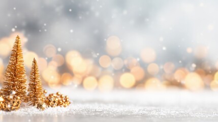 Obraz premium Golden trees in winter setting with blurred lights and falling snow