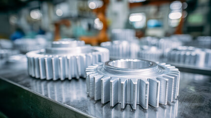 Precision-engineered metallic gears with intricate teeth patterns arranged on a workshop surface reflecting advanced industrial manufacturing and machining processes