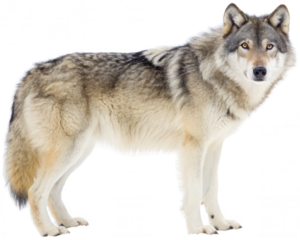 A majestic, powerfully built adult gray wolf with a thick, layered coat of mottled gray, white, and brown fur stands alertly in a three-quarter profile view,, isolated on transparent background.
