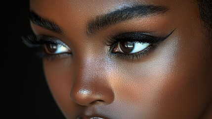 Close up of a woman's face with dark skin, makeup, and defined eyebrows and eyelashes