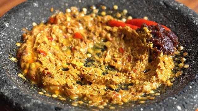 Close up texture of freshly ground Indonesian red chili paste or Sambal in stone mortar