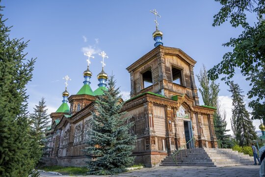 Russian Orthodox Church Cathedral of the Holy Trinity, wooden church with green spires, Karakol, Kyrgyzstan