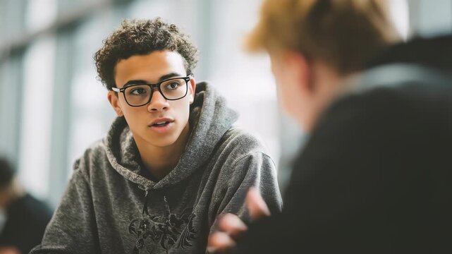 A thoughtful young man wearing glasses and a hoodie engages in a meaningful discussion with a peer. The contemporary background and soft lighting create a warm, relatable atmosphere