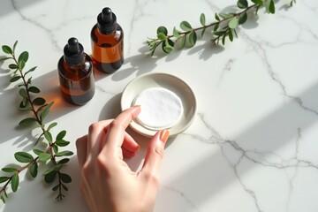 Woman�s hand arranging organic skincare products in flat lay with botanicals on marble, clean beauty theme.