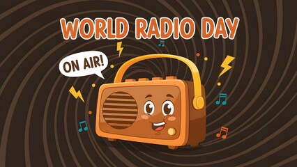 A cheerful cartoon radio character says "on air!" to celebrate world radio day