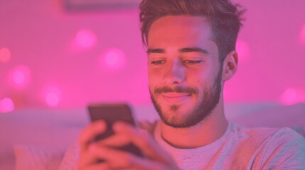 Young man using smartphone in a room with colorful lights in the evening