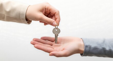 A close-up shot of one person's hand passing a single silver key to another person's open palm, symbolizing transfer of ownership or access.