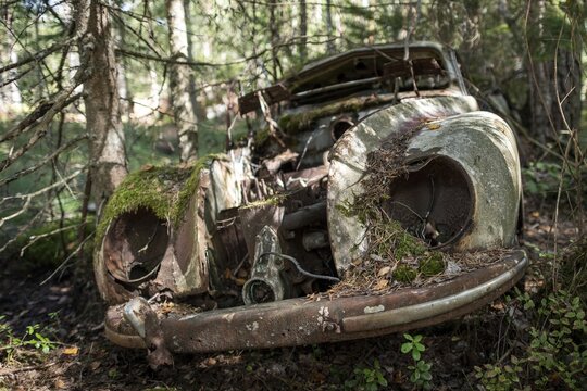 Ancient scrap car, Kyrk&ouml; Mosse car graveyard, Ryd, Tingsryd, Kronobergs l&auml;n, Sweden