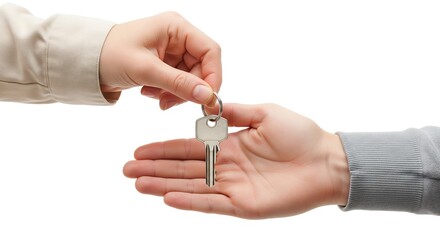 A close-up shot of one person's hand passing a single silver key on a keyring to another person's outstretched hand, symbolizing transfer of ownership or access.