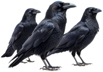 Three strikingly detailed, realistic black crows with iridescent feathers and sharp beaks stand attentively in a slightly staggered formation, exhibiting a, isolated on transparent background.