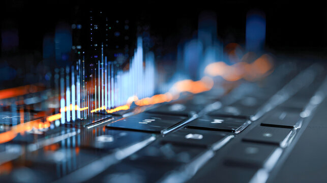 Digital data visualization with glowing financial graphs and charts emerging from a blurred modern keyboard symbolizing technology and market analysis concepts - Powered by Adobe