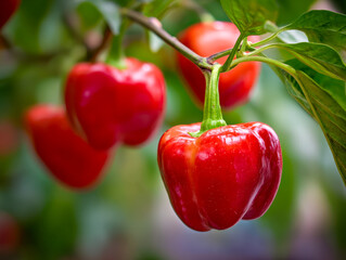 Ripe red bell peppers hanging from green stems in a vibrant vegetable garden under natural sunlight with a soft blurred background of foliage and more fruits