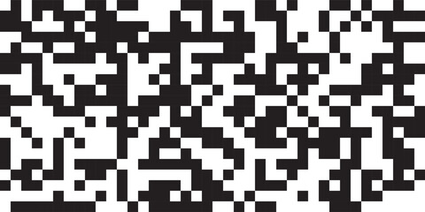 QR code abstract seamless pattern with black and white chaotic squares. Bw bg with matrix of encoded message or binary code for scanning by computer or smartphone. Vector monochrome tech background