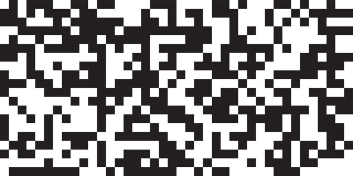 QR code abstract seamless pattern with black and white chaotic squares. Bw bg with matrix of encoded message or binary code for scanning by computer or smartphone. Vector monochrome tech background