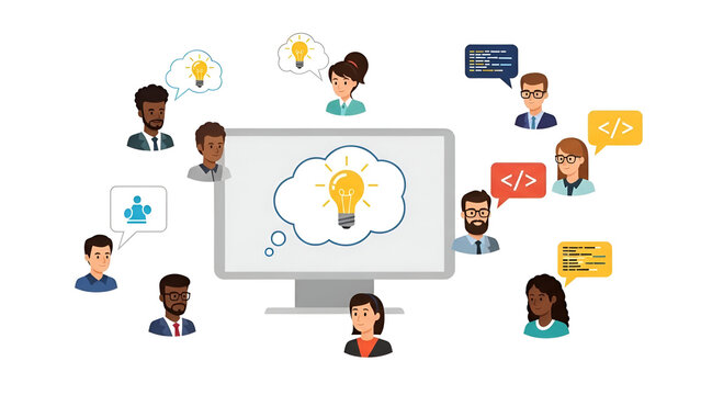 Flat design illustration of diverse people brainstorming around computer