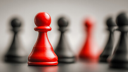 Red chess pawn standing prominently in front of a blurred group of black pawns symbolizing leadership teamwork and standing out from the crowd concept