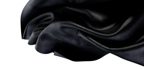 Close-up of elegant black fabric in motion, on a white background. Dramatic textures, rich tones. Perfect for designs th