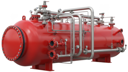 Red industrial pressure vessel with pipes isolated on transparent background