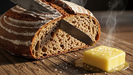 A fresh-baked sourdough loaf being sliced on a rustic wooden board with melting butter