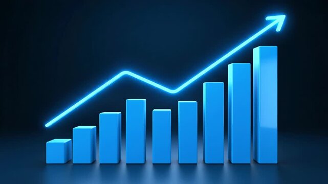3d blue bar graph with a glowing blue line on a dark background