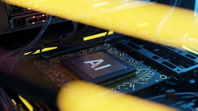 AI microchip in servers with modern IT and artificial intelligence technology