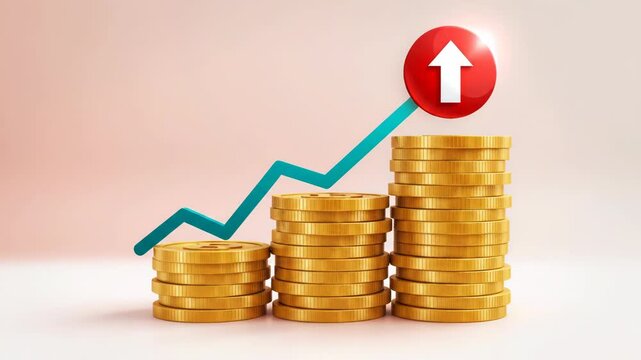 Stacks of gold coins with a blue arrow on a pink background