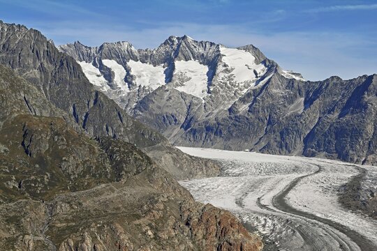 Great Aletsch Glacier, the heart of the Jungfrau-Aletsch-Bietschhorn UNESCO World Heritage Site, Goms, Valais, Switzerland
