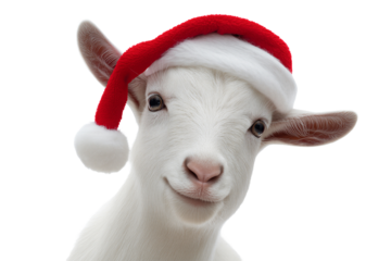 Goat wearing a Santa hat is smiling