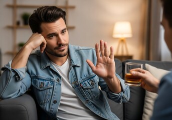 A man in a denim jacket gestures to stop someone offering him a drink, looking concerned.