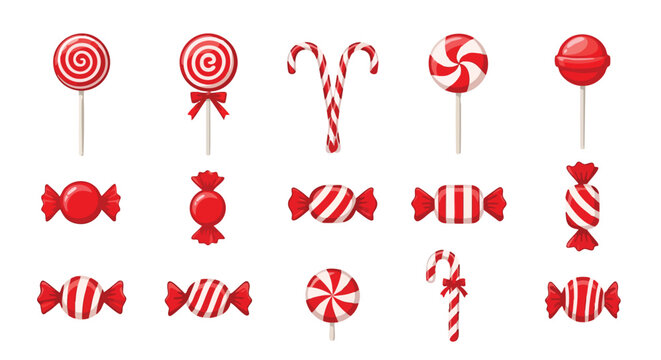 Assortment of classic red and white Christmas candies and lollipops on a clean white background for holiday design resources