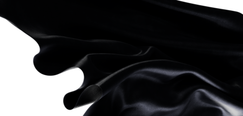 Abstract and elegant black fabric, silk-like material against white background. Perfect for textile designs, fashion, or