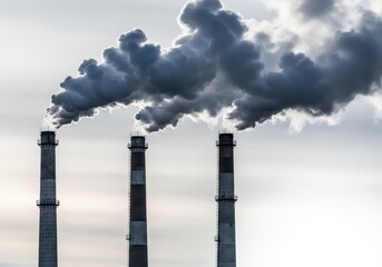 Thick, gray plumes of smoke billowing from tall industrial chimney stacks against a pale sky, representing environmental concerns and factory emissions, background, weather, economy