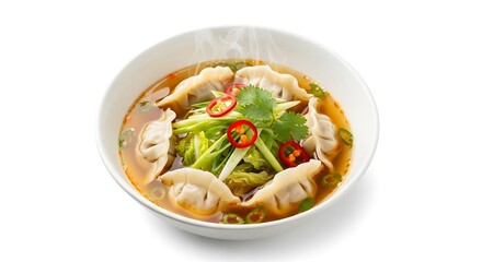 Steaming Hot Asian Dumpling Soup with Fresh Herbs