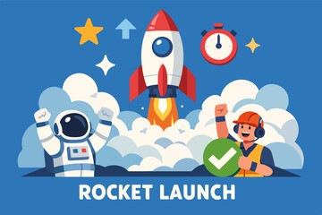 Fototapeta premium Rocket launch celebration with astronaut and ground crew cheering in clouds, space startup illustration