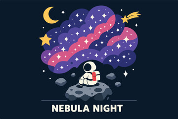 Nebula night scene with lone astronaut watching colorful star cloud, dreamy space illustration