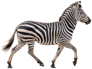 A realistically rendered, full-bodied zebra with striking black and white striped fur, captured in a dynamic walking pose, exhibiting a naturalistic texture and, isolated on transparent background.