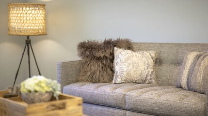 Cozy behavioral health space featuring a welllit couch in focus with muted colors and gentle textures ideal for couples therapy sessions promoting connection and calm.