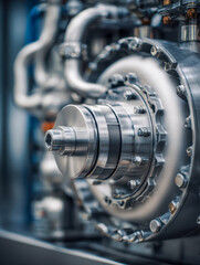 Obraz premium Detailed view of a shiny metal turbine component with bolts and pipes in an industrial mechanical system highlighting engineering precision and technology