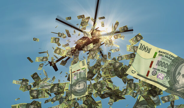 Paraguay 100 guarani PYG 100000 banknotes helicopter money dropping 3d illustration