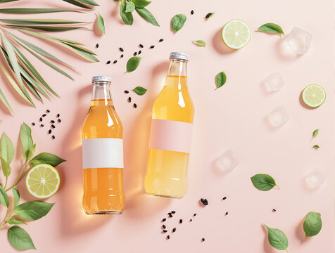 Refreshing citrus flavored drinks in glass bottles on a pastel background surrounded by leaves and sliced fruits