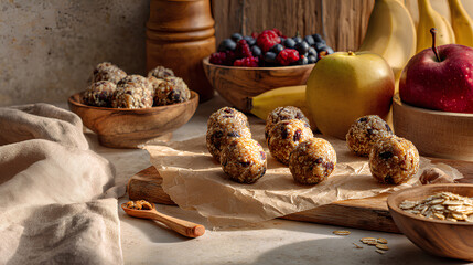 Homemade energy bites made with oats nuts dates and seeds arranged with fresh fruits and wooden utensils in bright cozy kitchen scene
