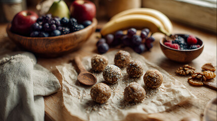 Homemade energy bites made with oats nuts dates and seeds arranged with fresh fruits and wooden utensils in bright cozy kitchen scene
