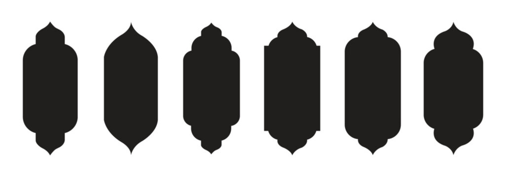 Old mosque windows shape in oriental style. Islamic door set, flat arabic frames or arabian arches silhouette. Muslim architecture geometric design elements, moroccan minimal arcs. Ramadan kareem gate