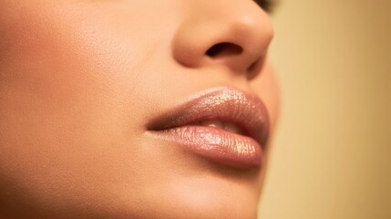 Close-up of female lips with glossy lipstick on smooth skin