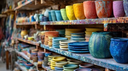 Medium shot of pottery shelves filled with colorful bisque ware and jars of glaze showcasing vibrant dipping and brushing techniques in a ceramics glazing workshop.