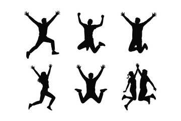 Silhouettes of happy people jumping and celebrating